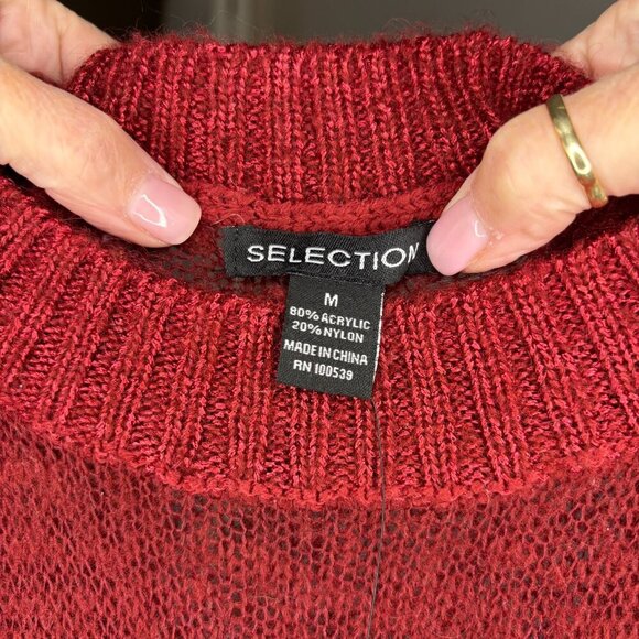 SELECTION NEW Mock Neck Sweater Womens M Red Metallic Knit Applique Beads Sheer - Picture 7 of 7